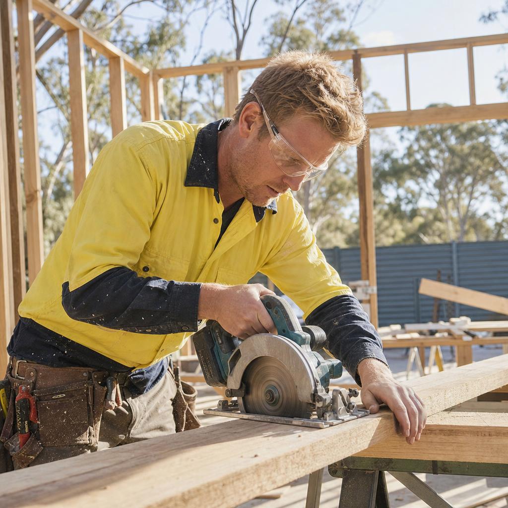 Fair-haired carpenter cutting timber on an Australian home build