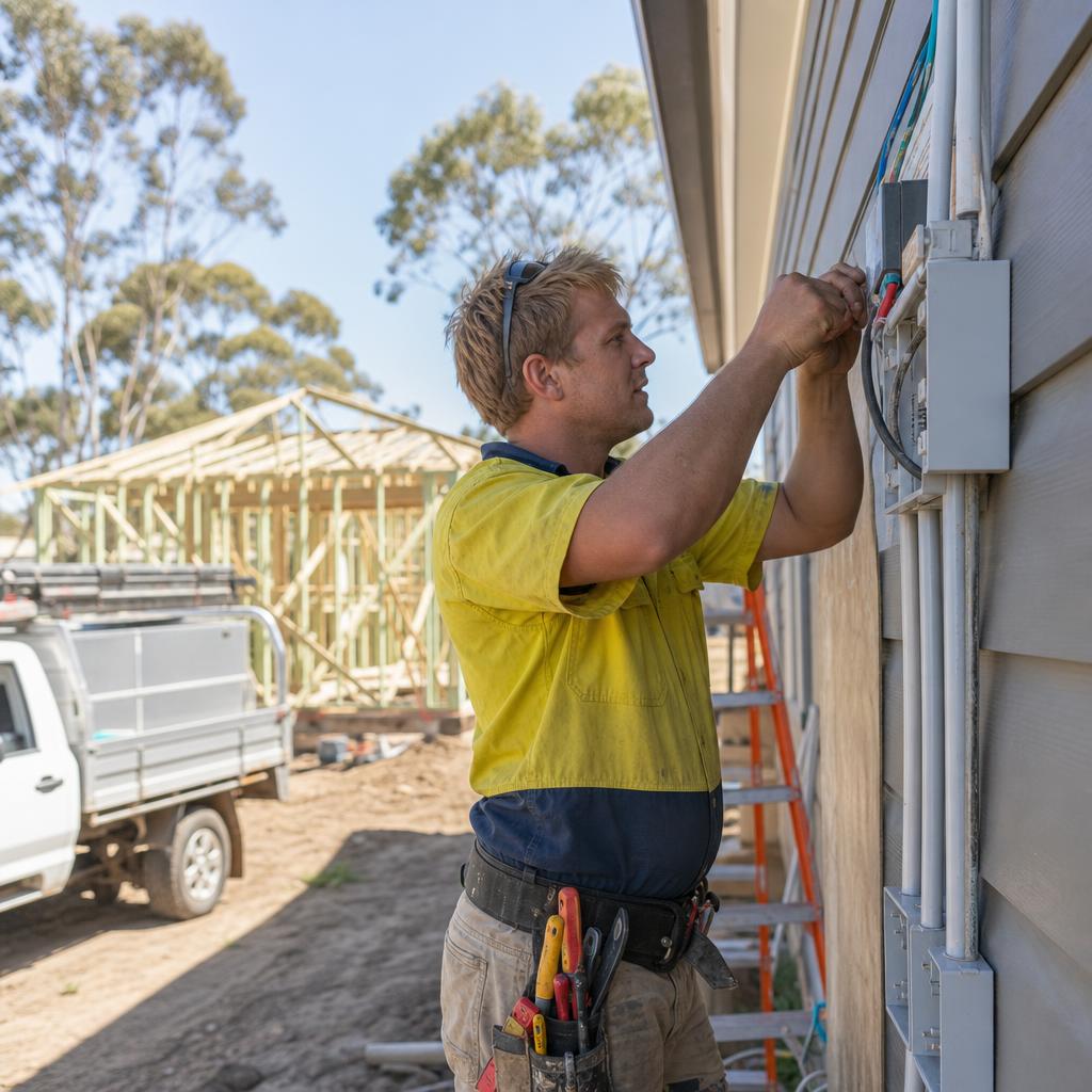 Fair-haired electrician working on an Australian home build