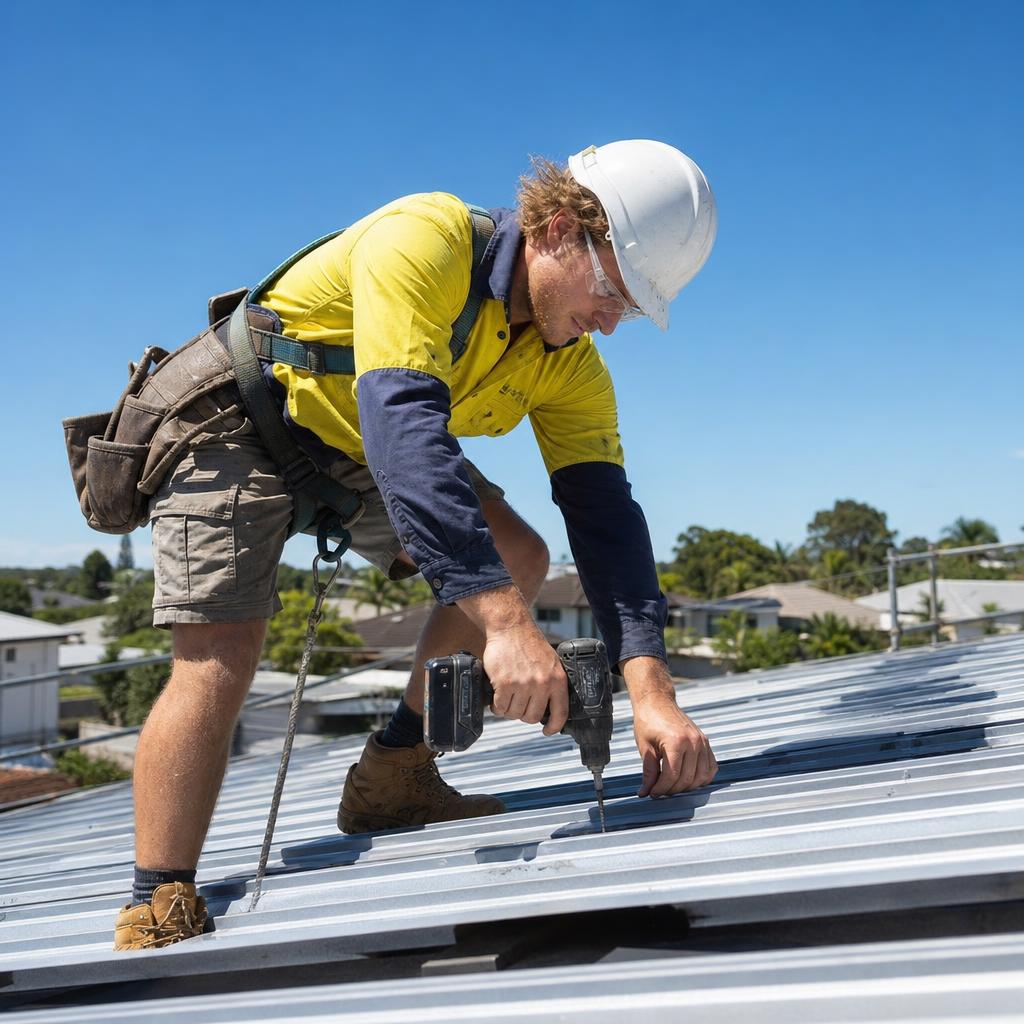 Fair-haired roofer fastening roof sheeting on an Australian home